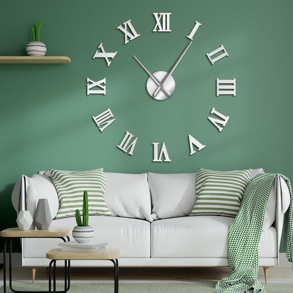 DIY Wall Clock Large Frameless 3D Clock Mirror Classical Roman Numerals silver